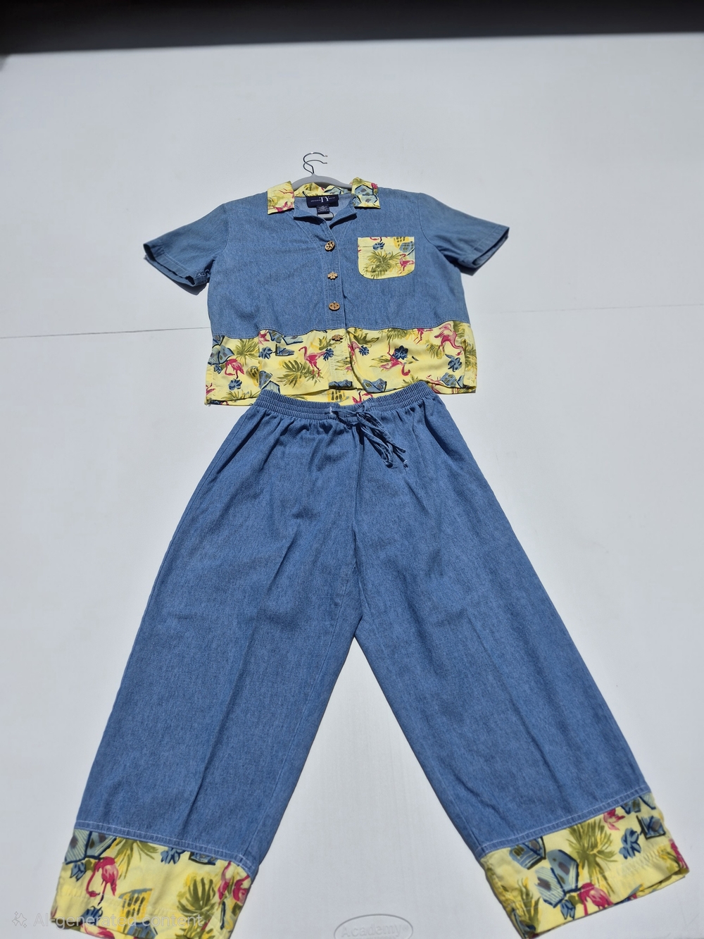 Original TY Wear Thin Denim Two-Piece Set with Yellow Tropical Trim Size 8P